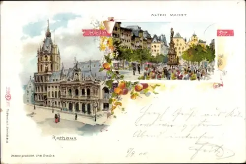Litho Köln am Rhein, Rathaus, alter Markt