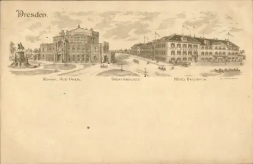 Litho Dresden Altstadt, Königliche Hofoper, Theaterplatz, Hotel Bellevue