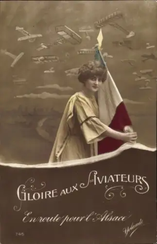 Ak Andlau Elsass Bas Rhin, Eine junge Frau in einem gelben Kleid hält eine französische Flagge...