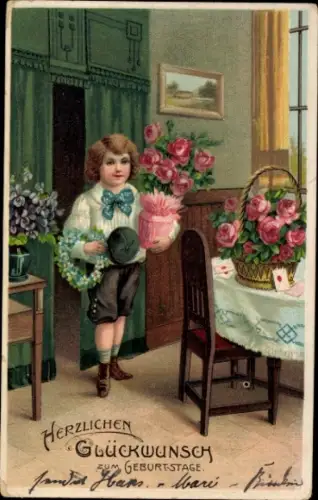 Litho Glückwunsch Geburtstag, Junge, Blumen, Rosen