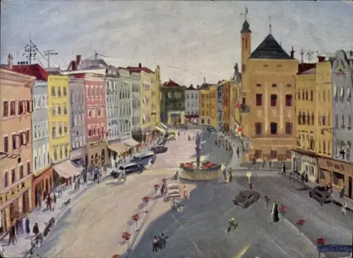 Ak Ried im Innkreis Oberösterreich, Stadtplatz, Ölgemälde, Prof. Traeger, Ried i. I.