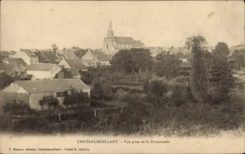Ak Châteaumeillant Cher, Schwarz-Weiß-Foto, Dorfansicht, Kirche, Häuser, Bäume