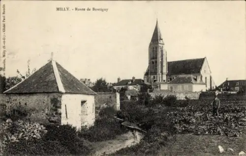 Ak Milly la Forêt Essonne,  Kirche, Landschaft, Weg, Garten