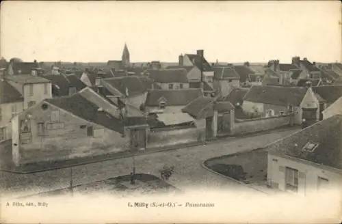 Ak Milly la Forêt Essonne, Panorama von  Häuser, Straße, Kirche