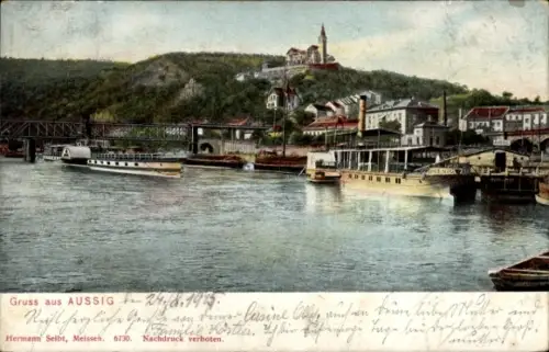 Ak Ústí nad Labem Aussig an der Elbe, Flusslandschaft, Schiffe, Stadtansicht,  24.8.193