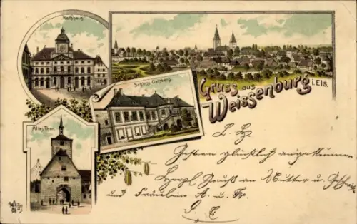 Litho Wissembourg Weißenburg Elsass Bas Rhin, Rathaus, Schloss Gaisberg, Altes Tor
