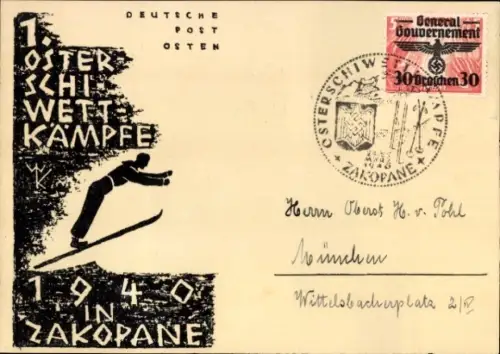 Ak Zakopane Hohe Tatra Polen, Hala Gąsienicowa, Skifahrer, Wettkampf,  1940, Deutsche Post Osten
