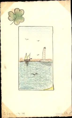 Handgemalt Ak Segelboot, Leuchtturm, Klee
