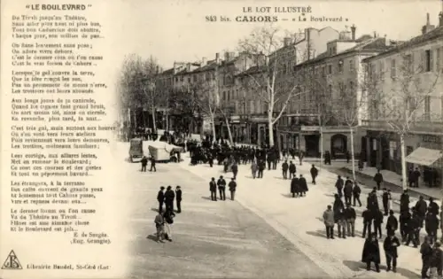 Ak Cahors Lot, "LE BOULEVARD", Menschen auf der Straße, Cafés, Boulevard von Cahors