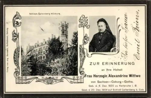 Ak Herzogin Alexandrine Witwe von Sachsen Coburg Gotha, Schloss Callenberg, Trauerkarte zum Tod