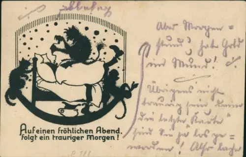 Ak Auf einen fröhlichen Abend folgt ein trauriger Morgen, Mann hat einen Kater, Betrunkener,Saalpost