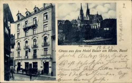 Ak Basel Stadt Schweiz, Hotel Bauer am Rhein, Münster
