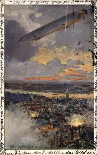 Künstler Ak von Eckenbrecher, Themistokles, Zeppelin über Antwerpen