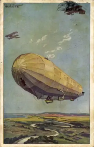 Künstler Ak Schulze, Hans Rudolf, Zeppelin Luftschiff Hansa im Kampf mit feindl. Fliegern, I WK