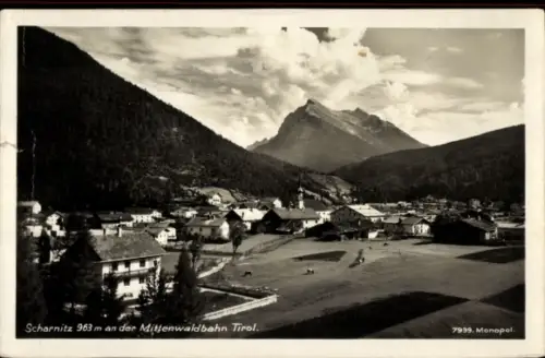 Ak Scharnitz in Tirol,  Mittenwaldbahn, Tirol, Berge, 1927