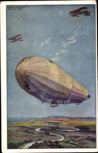 Künstler Ak Schulze, Hans Rudolf, Zeppelin Luftschiff Hansa im Kampf mit feindl. Fliegern, I WK