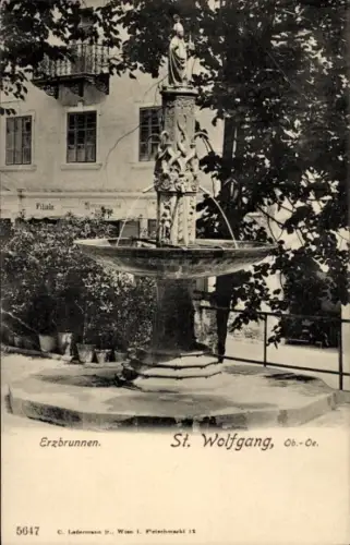 Ak St. Wolfgang am Wolfgangsee Oberösterreich, Brunnen, Statue, Beschriftung  Ob.-Oe.