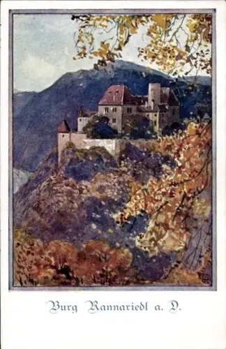 Künstler Ak Neustift, Burg Rannariedl an der Donau, Berge