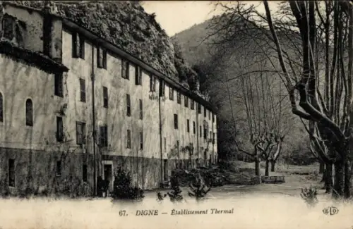 Ak Digne les Bains Alpes de Haute Provence, Etablissement Thermal,  Bäume, Wasser, Schwarz-Weiß