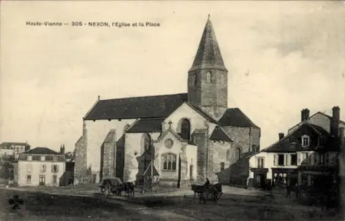 Ak Nexon Haute Vienne, Haute-Vienne,  Kirche, Platz, Pferdewagen