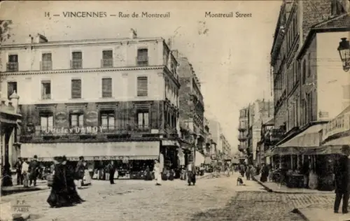 Ak Vincennes Val de Marne, Straße mit Geschäften, Menschen, Autos, Beschriftungen, Paris