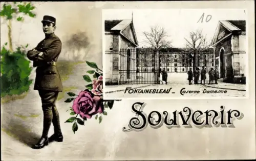 Ak Fontainebleau Seine et Marne, Caserne Damesme, Französischer Soldat, Rosen