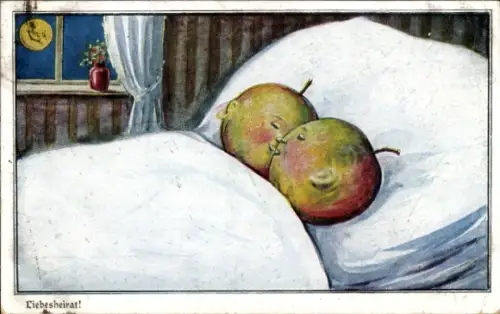 Ak Vermenschlichte Äpfel im Bett