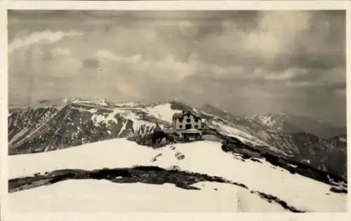 Ak Bergmassiv Rax Niederösterreich, Berglandschaft, schneebedeckte Berge, Gebäude, Rax