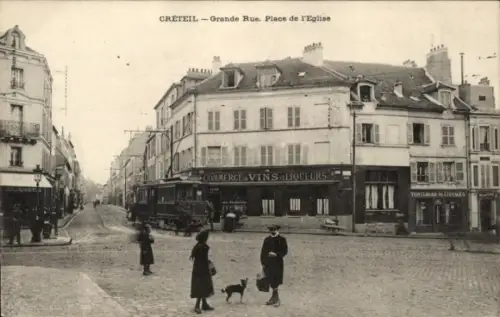 Ak Créteil Val de Marne, CRÉTEIL, Grande Rue, Place de l'Eglise, Hunde, Frauen, Geschäfte