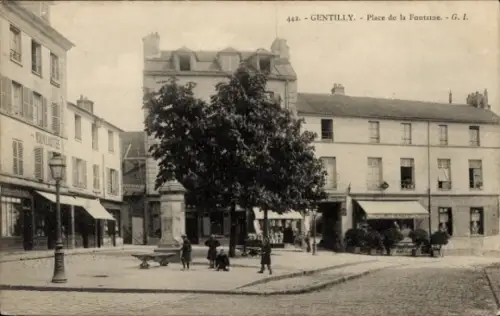Ak Gentilly Val de Marne,  Place de la Fontaine, Brunnen, Bäume, Menschen, Straßenlaterne