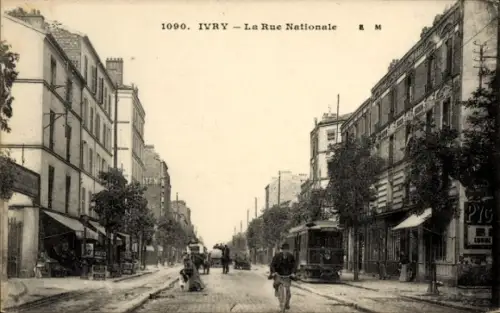 Ak Ivry sur Seine Val de Marne, Straße mit Straßenbahn, Bäume, Geschäfte, nadresse, Text