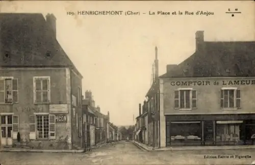 Ak Henrichemont Cher,  La Place et la Rue d'Anjou, Geschäfte, PICON, COMPTOIR de L'AMEUE