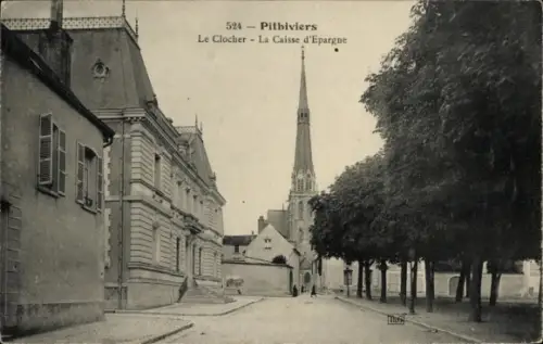 Ak Pithiviers Loiret, Straße in  Kirchturm, Caisse d'Epargne