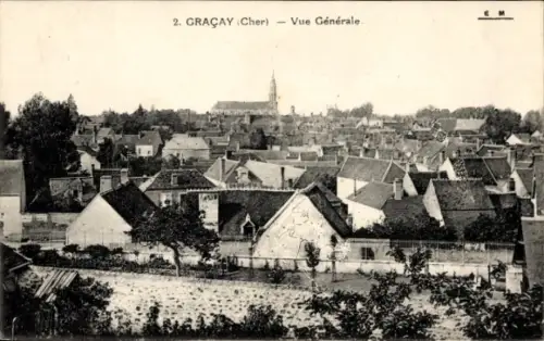 Ak Gracay Cher, 2. GRAÇAY (Cher), Vue Générale, Häuser, Kirche im Hintergrund