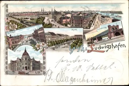 Litho Ludwigshafen am Rhein, Rheinbrücke, Bahnhof, Markt, Post, Totalansicht