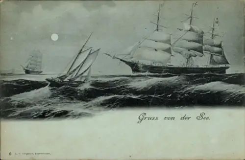 Mondschein Ak Segelschiffe, Segelboot, See