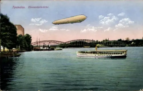 Ak Berlin Spandau, Eiswerderbrücke, Zeppelin, Dampfschiff