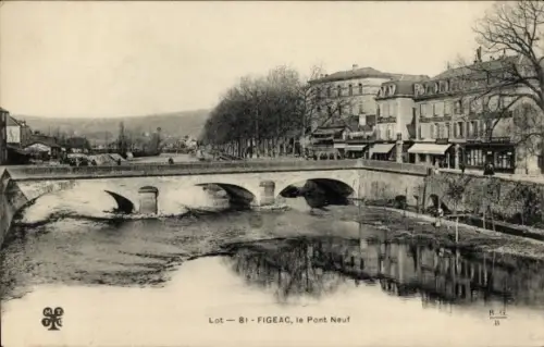 Ak Figeac Lot, Brücke über den Fluss, Häuser am Ufer, Schwarz-Weiß-Foto