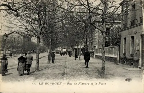 Ak Le Bourget Seine Saint Denis,  Rue de Flandre, Bäume, Fußgänger, Postgebäude