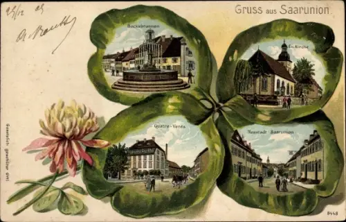 Präge Kleeblatt Litho Sarre Union Saarunion Bas Rhin, Quatre Vents, Bocksbrunnen, Ev. Kirche