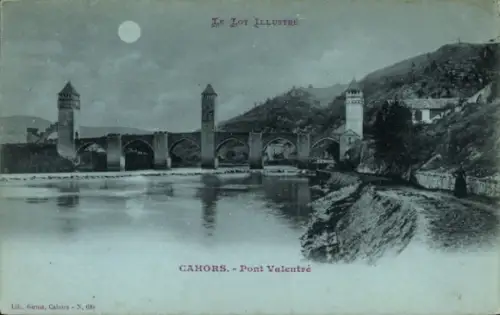 Mondschein Ak Cahors Lot, Pont Valentre