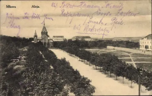 Ak Mlawa Mielau Polen, Aleja, Allee mit Kirche