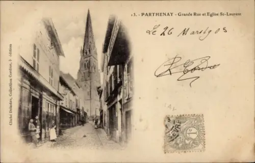 Ak Parthenay Deux Sevres, Grande Rue, Eglise St. Laurent