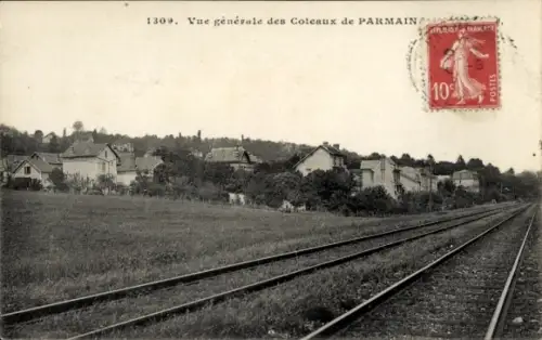 Ak Parmain Val-d’Oise, Landschaft mit Häusern, Eisenbahnschienen, Poststempel, französischer Text