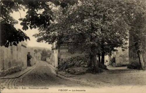 Ak Piscop Pontecelles Val d'Oise, Straße mit Bäumen, Schild 'MENIER', Ort  La descente