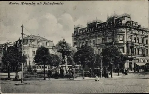 Ak Aachen Westfalen, Kaiserplatz mit Kaiserfontäne und Straßenbahn