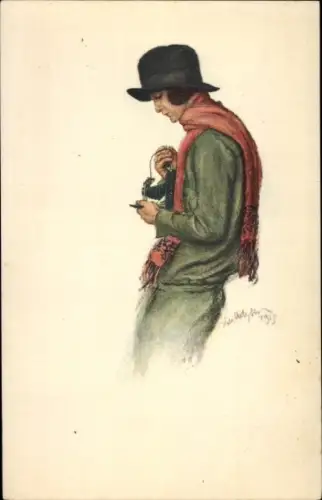 Künstler Ak Ica Cameras Projection Cinematography, Frau mit Fotoapparat, Hut, Reklame