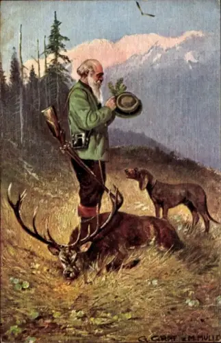 Künstler Ak Jäger mit erjagtem Hirsch, Jagdhund, Tannenzweig, Gewehr