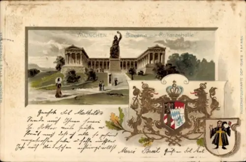 Präge Wappen Litho München Bayern, Bavaria mit Ruhmeshalle