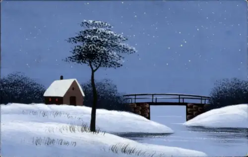 Handgemalt Ak Winterlandschaft, Haus, Brücke, Baum